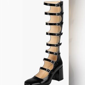 Knee high mary jane chunky block heels with buckle straps and zipper back